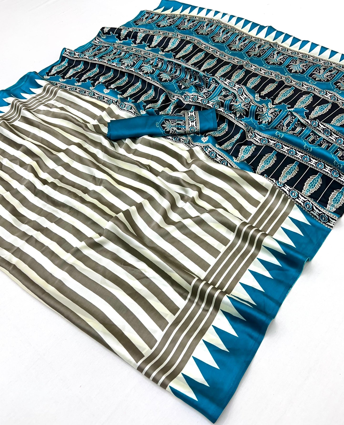 Teal blue Stripe Crepe Silk Readymade/Easy Saree