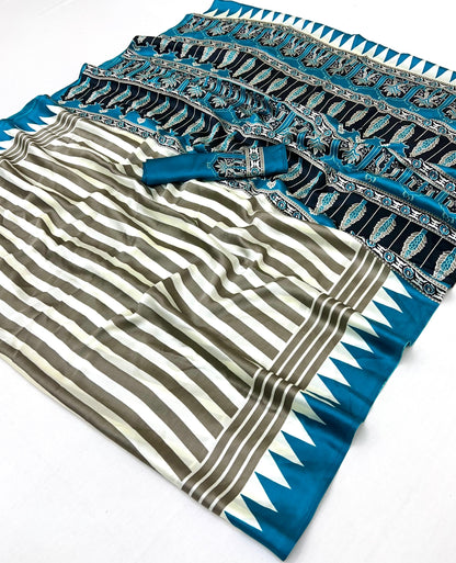 Teal blue Stripe Crepe Silk Readymade/Easy Saree