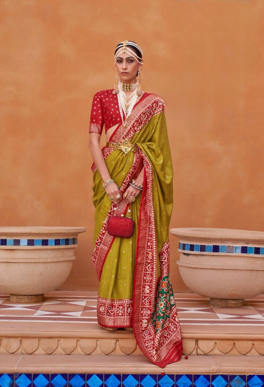 Olive Color Patola Silk  Readymade/Easy Saree