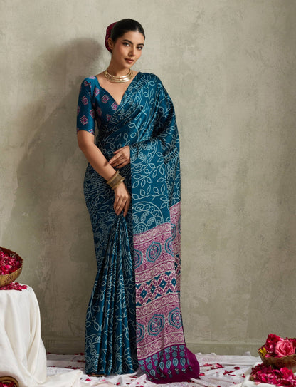 Teal Blue Crepe Silk Readymade/Easy Saree