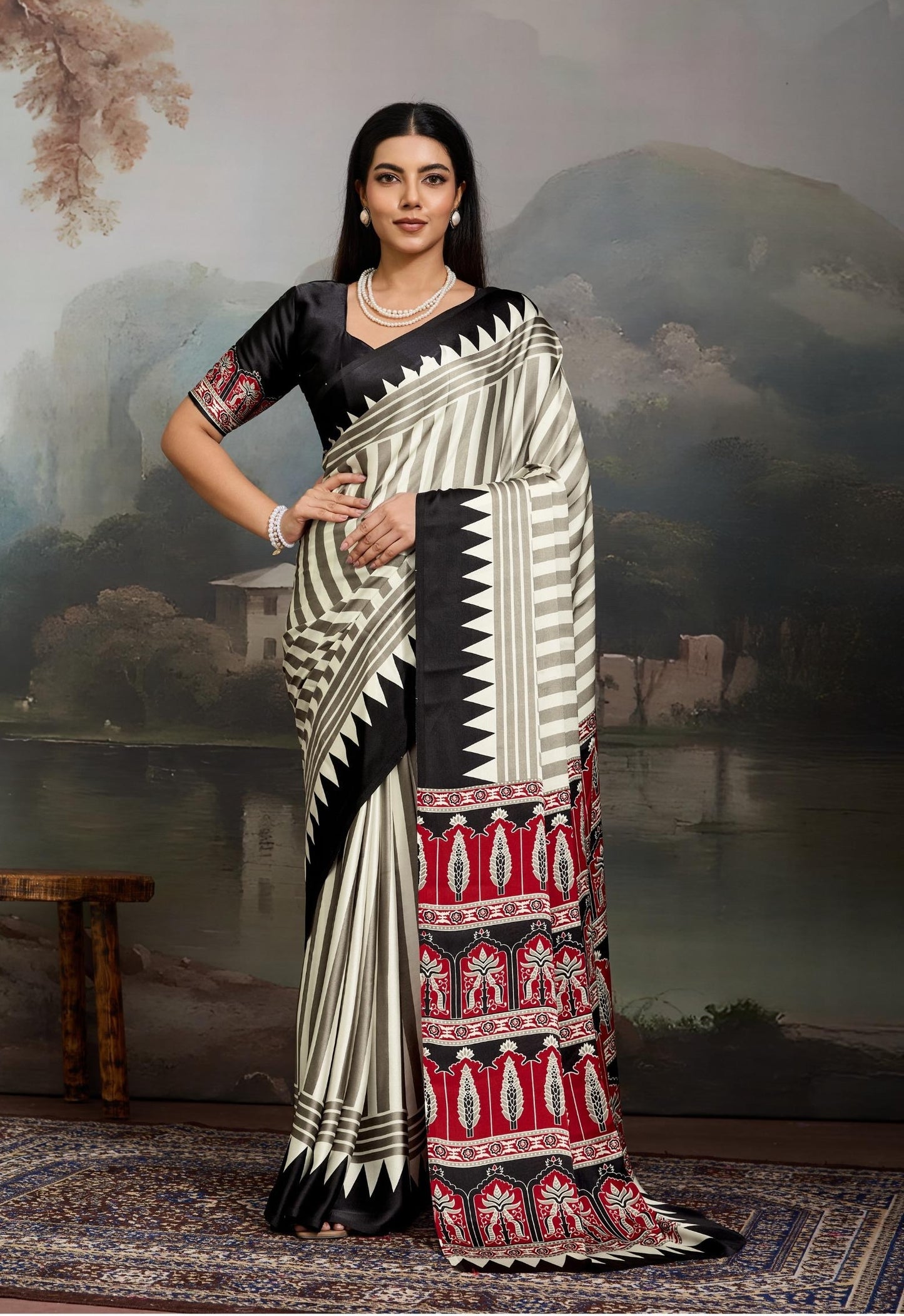Black Stripe Crepe Silk Readymade/Easy Saree