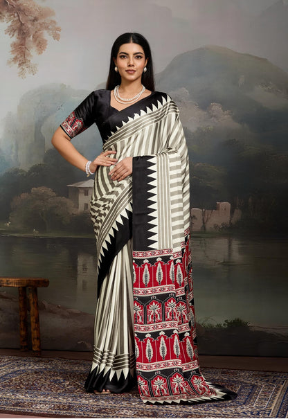 Black Stripe Crepe Silk Readymade/Easy Saree