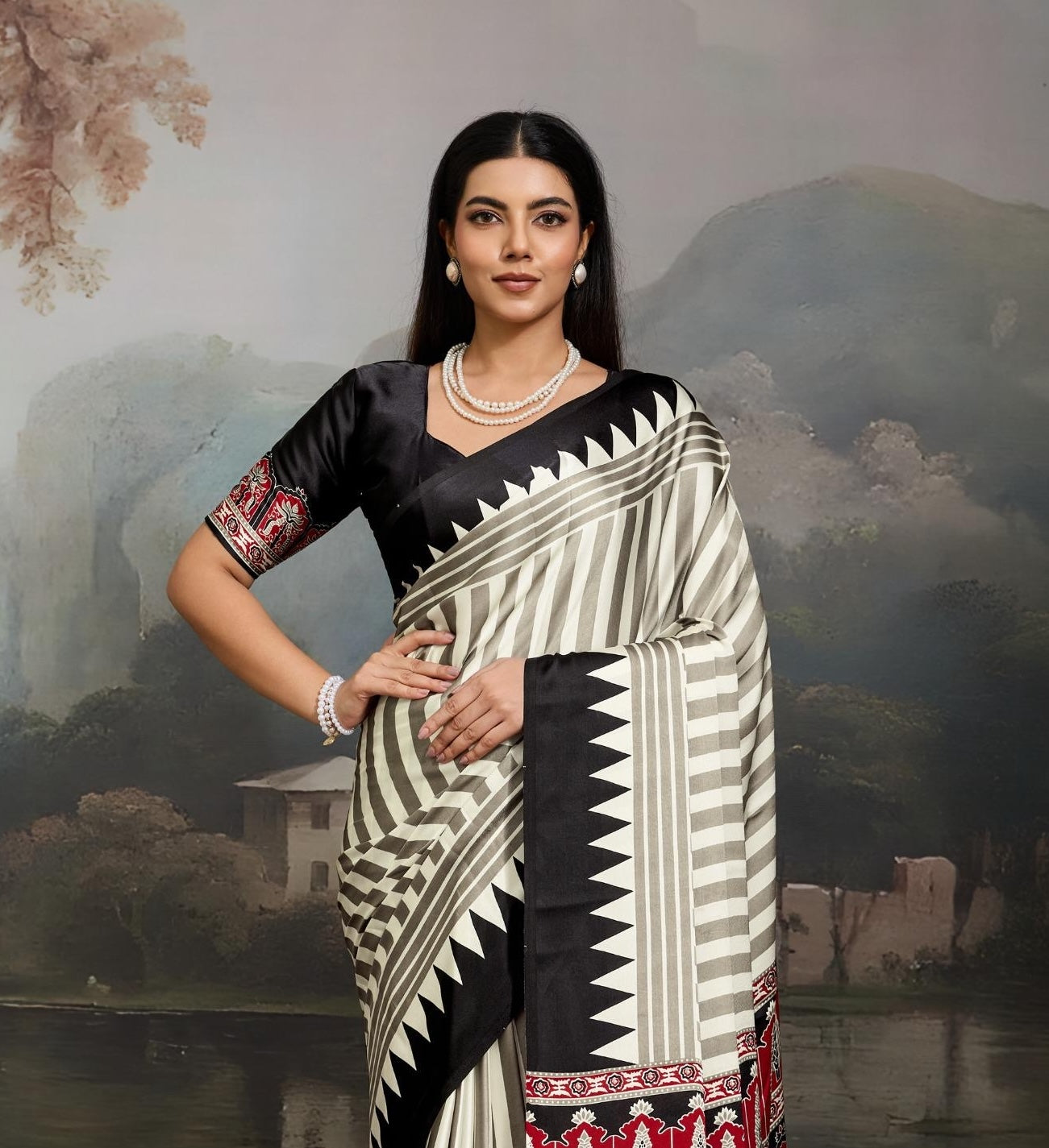 Black Stripe Crepe Silk Readymade/Easy Saree
