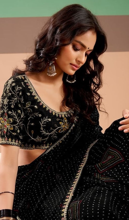Black Georgette Readymade/Easy Saree - Panaash Saree