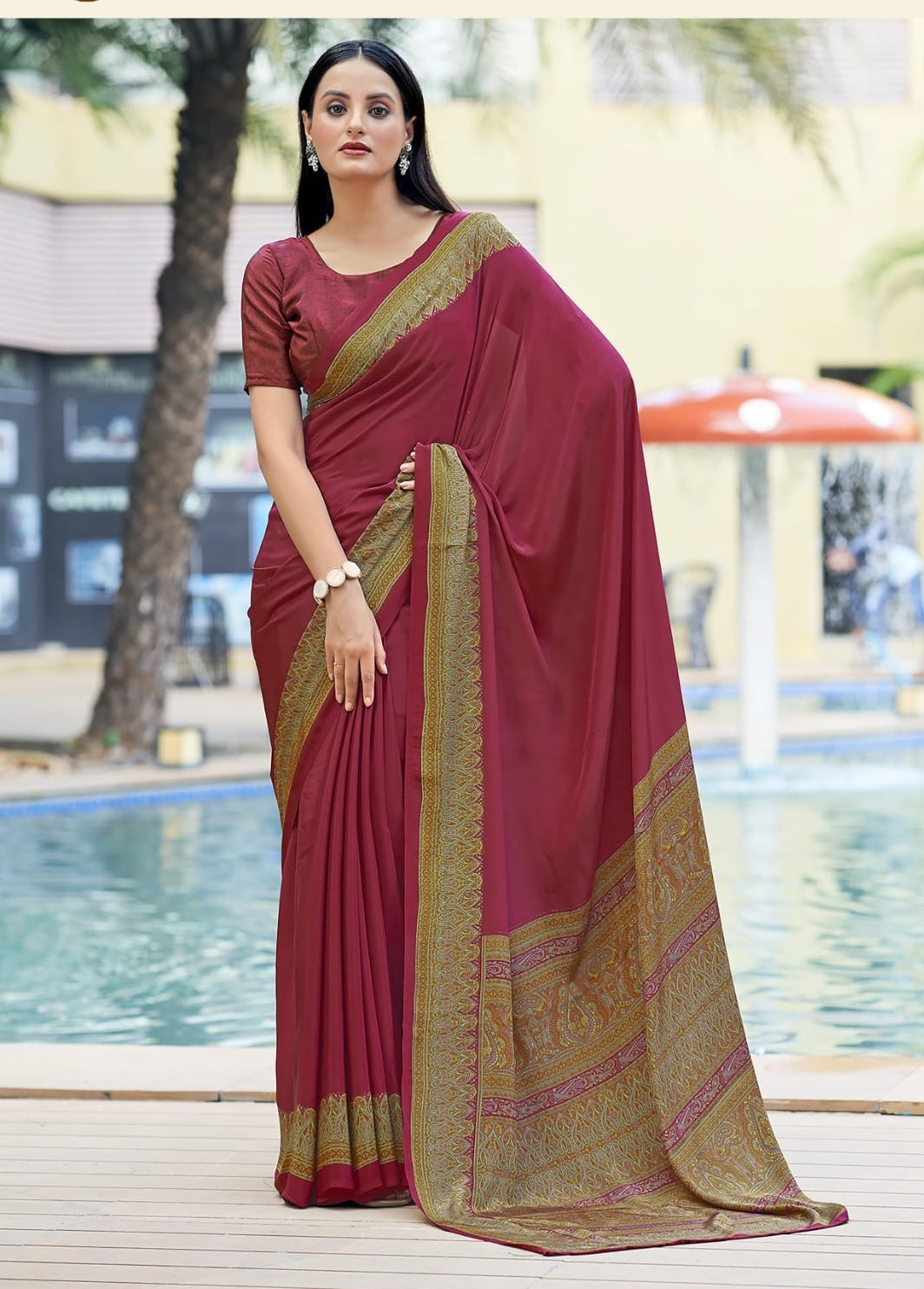 Ready-to-wear crepe silk saree in maroon with gold border and pallu