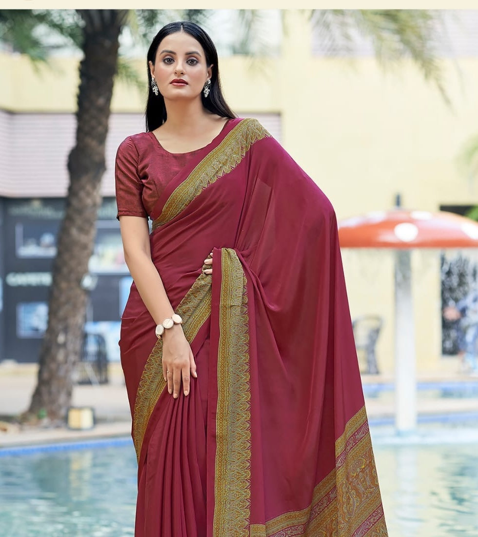 Ready-to-wear crepe silk saree, maroon with gold border, pleated drape at front
