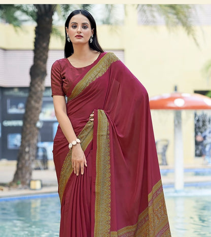 Ready-to-wear crepe silk saree, maroon with gold border, pleated drape at front