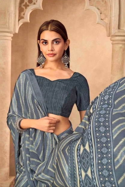 Slate Grey Crepe Silk Ready To Wear/Easy Saree by Stylebypanaash 