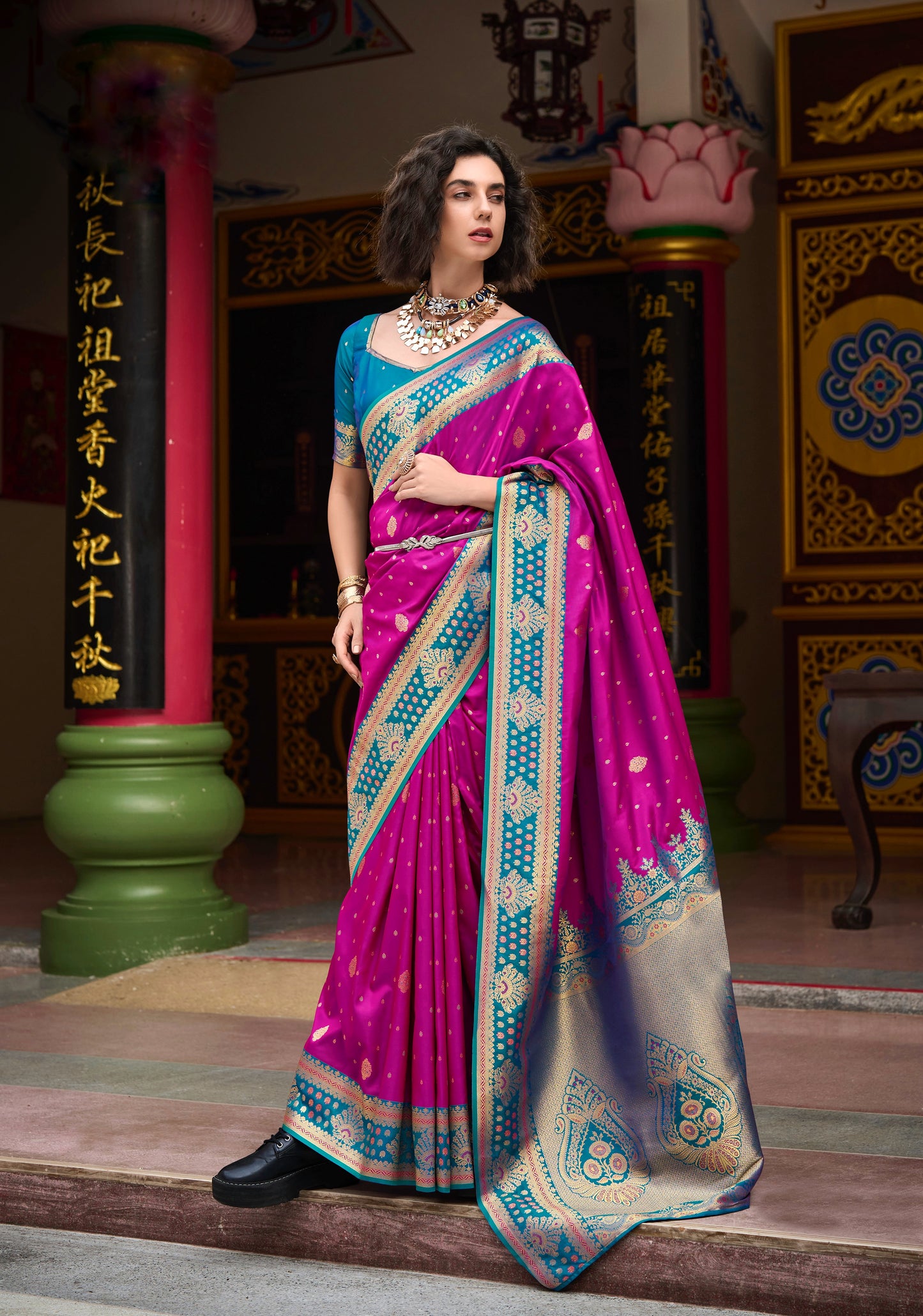 Fuchsia Banarasi Silk Readymade/Easy Saree - Panaash Saree