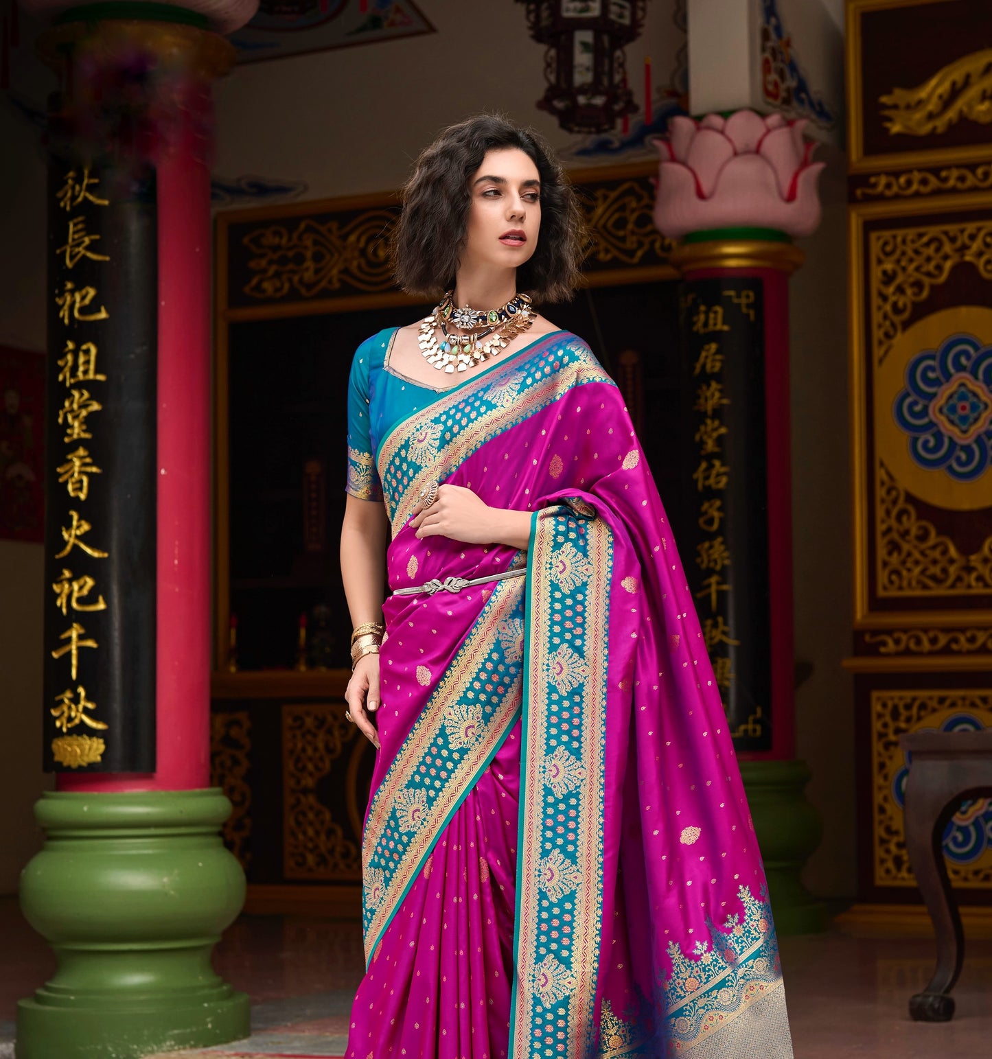 Fuchsia Banarasi Silk Readymade/Easy Saree - Panaash Saree