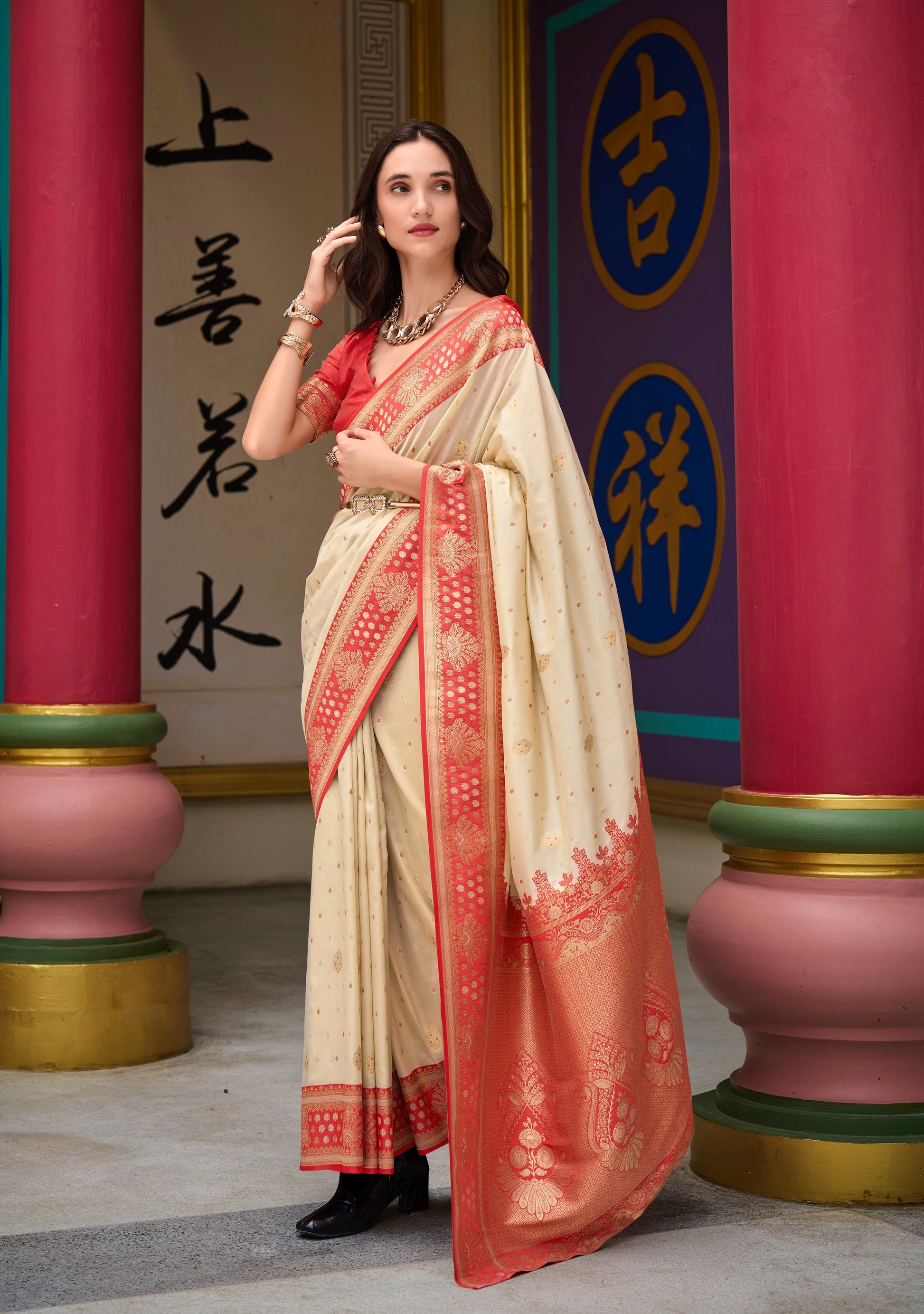 Ivory Banarasi Silk Readymade/Easy Saree - Panaash Saree