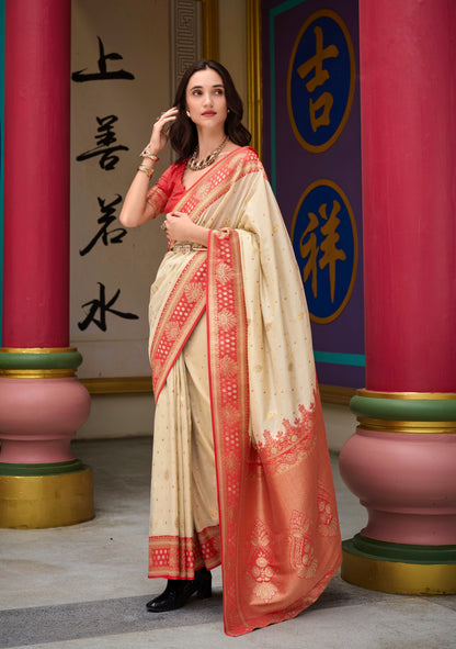 Ivory Banarasi Silk Readymade/Easy Saree - Panaash Saree