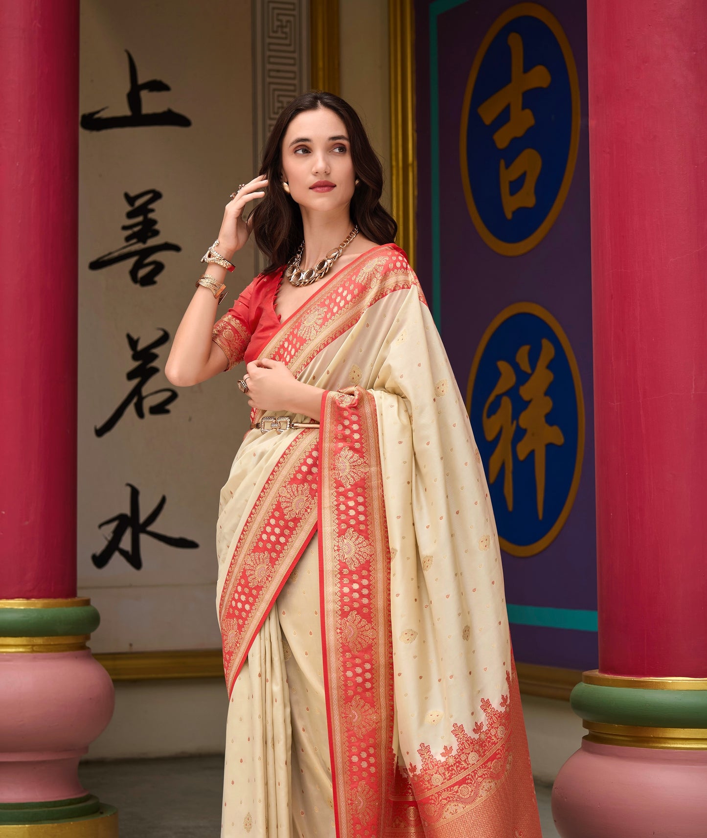 Ivory Banarasi Silk Readymade/Easy Saree - Panaash Saree