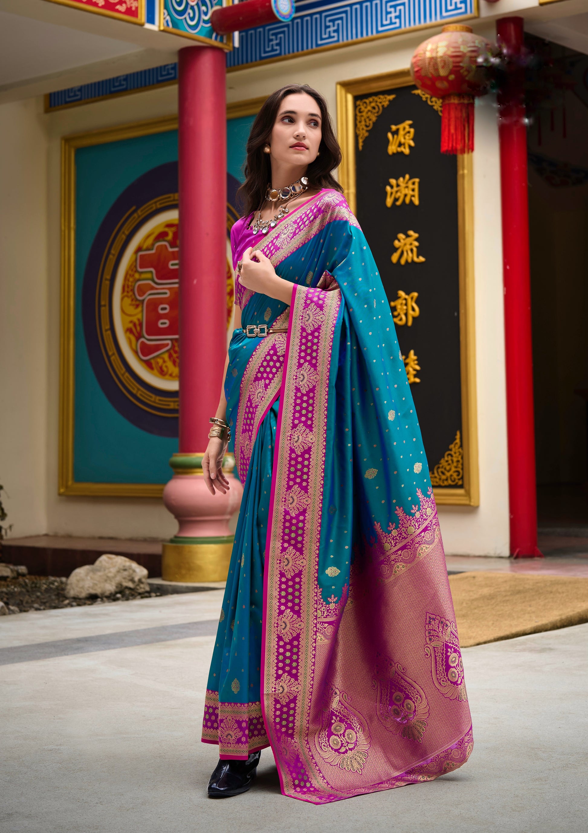 Teal Blue Banarasi Silk Readymade/Easy Saree - Panaash Saree
