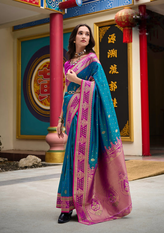 Teal Blue Banarasi Silk Readymade/Easy Saree - Panaash Saree
