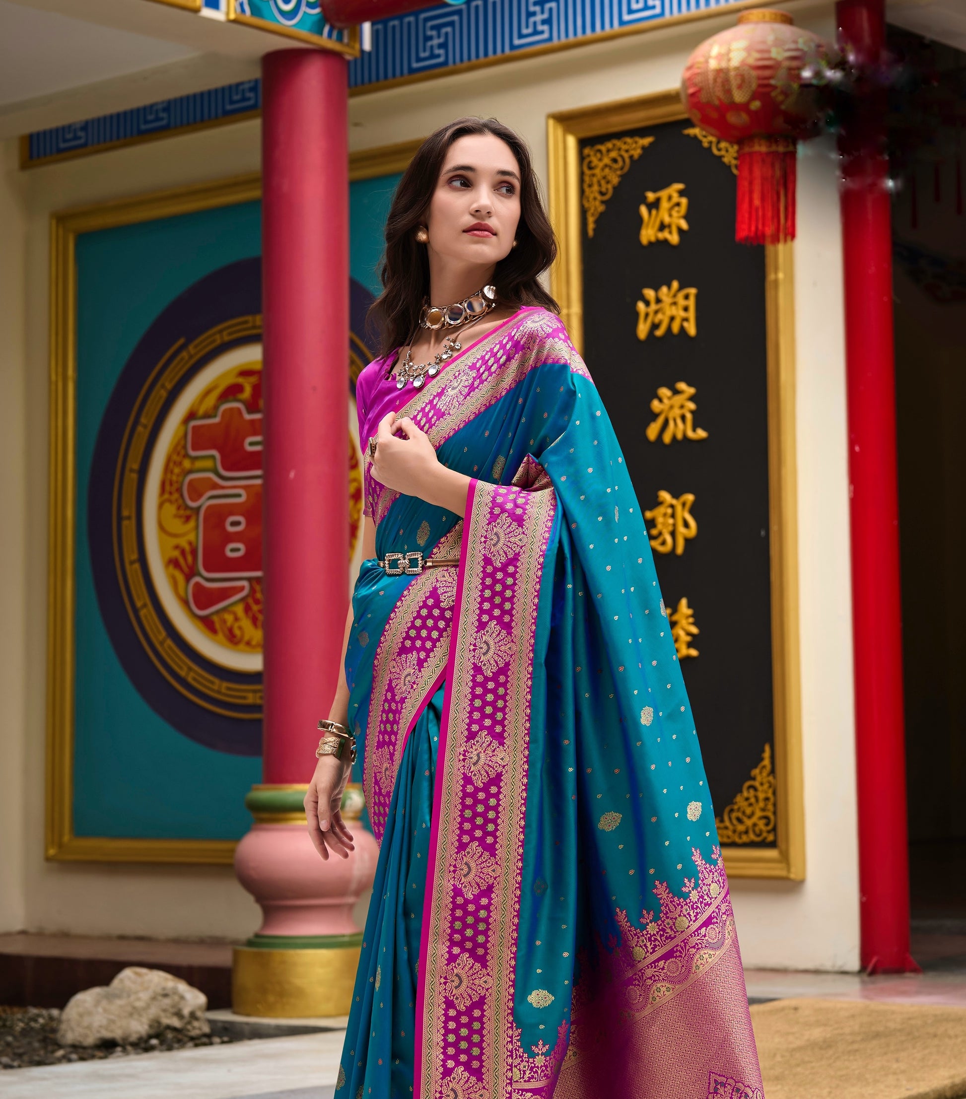 Teal Blue Banarasi Silk Readymade/Easy Saree - Panaash Saree