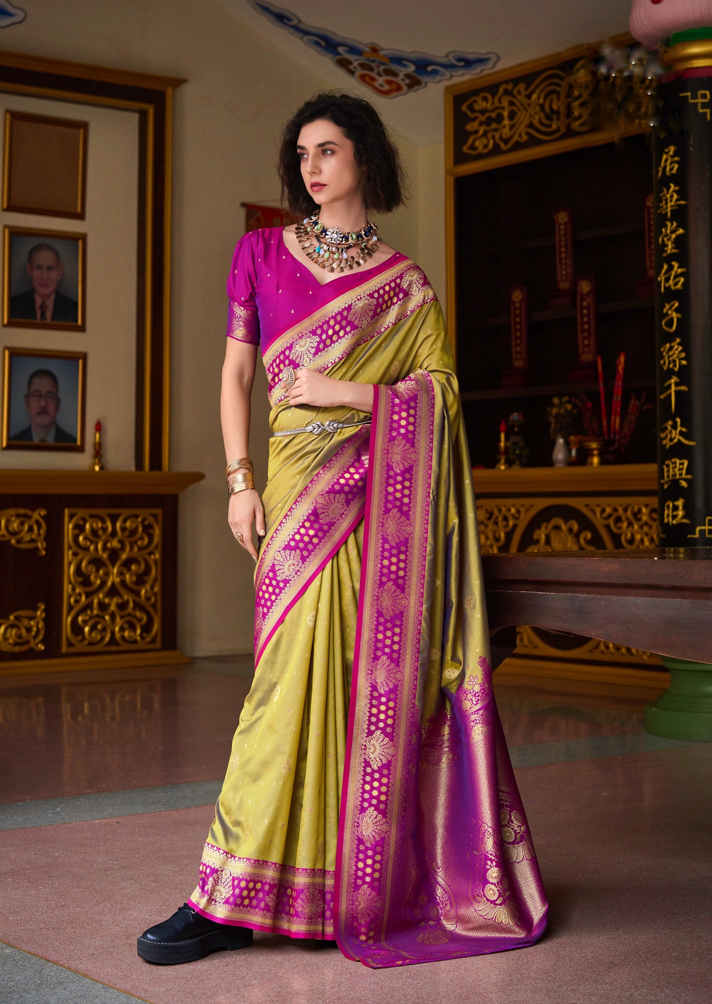 Olive Green Banarasi Silk Readymade/Easy Saree - Panaash Saree