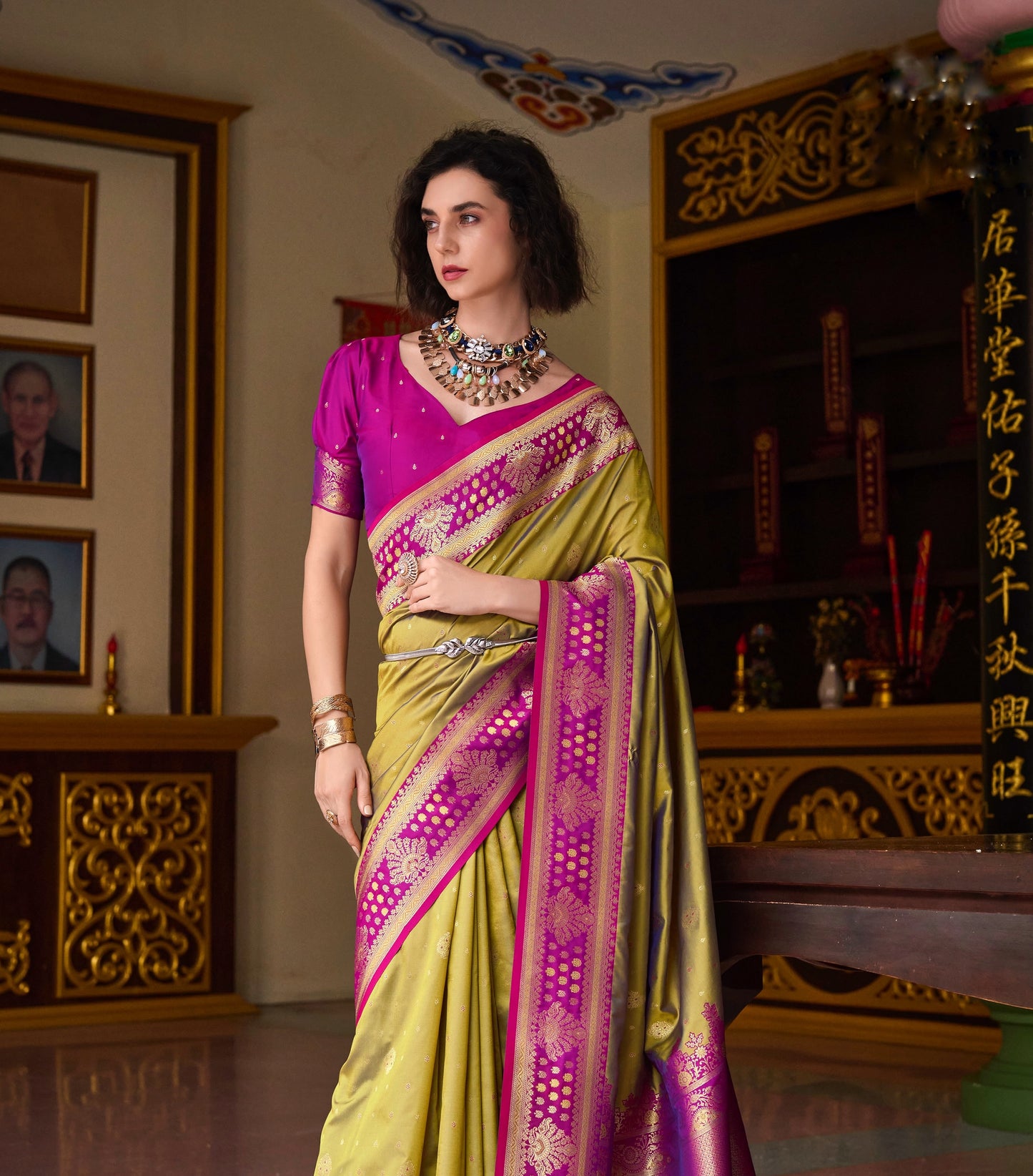 Olive Green Banarasi Silk Readymade/Easy Saree - Panaash Saree