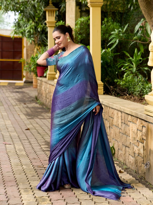Teal purple ombre Georgette Readymade/Easy Saree