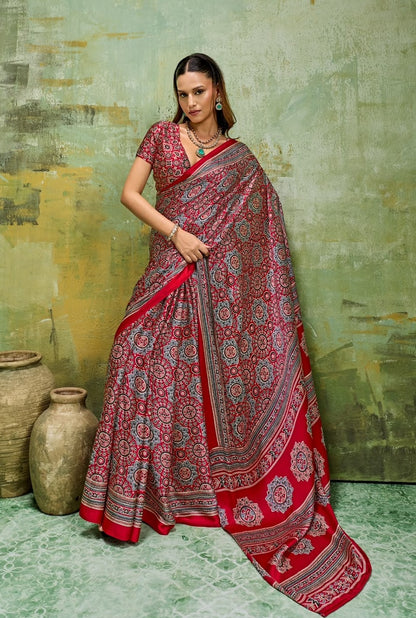 Red Modal Silk Ready To Wear/Easy Saree by Stylebypanaash