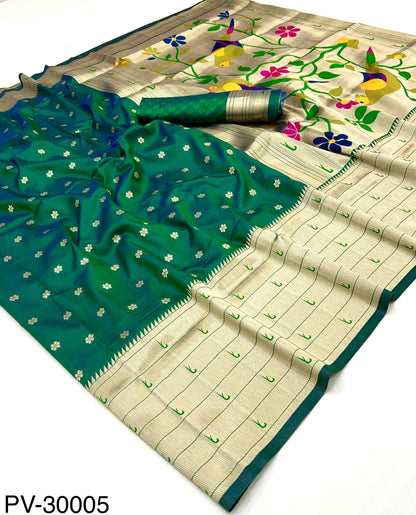 Bottle green silk easy saree with beige-gold border and floral corner motifs