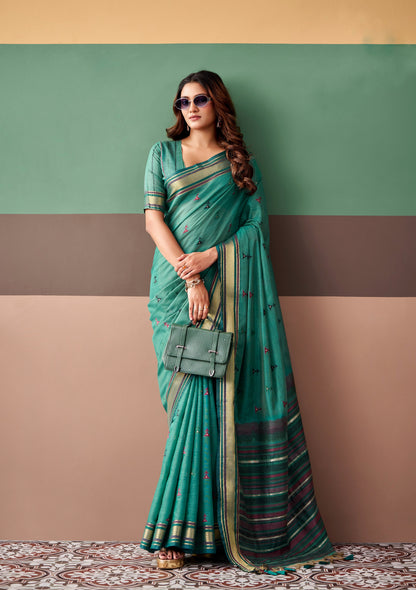 Teal green cotton ready-to-wear saree, striped border, short-sleeve blouse