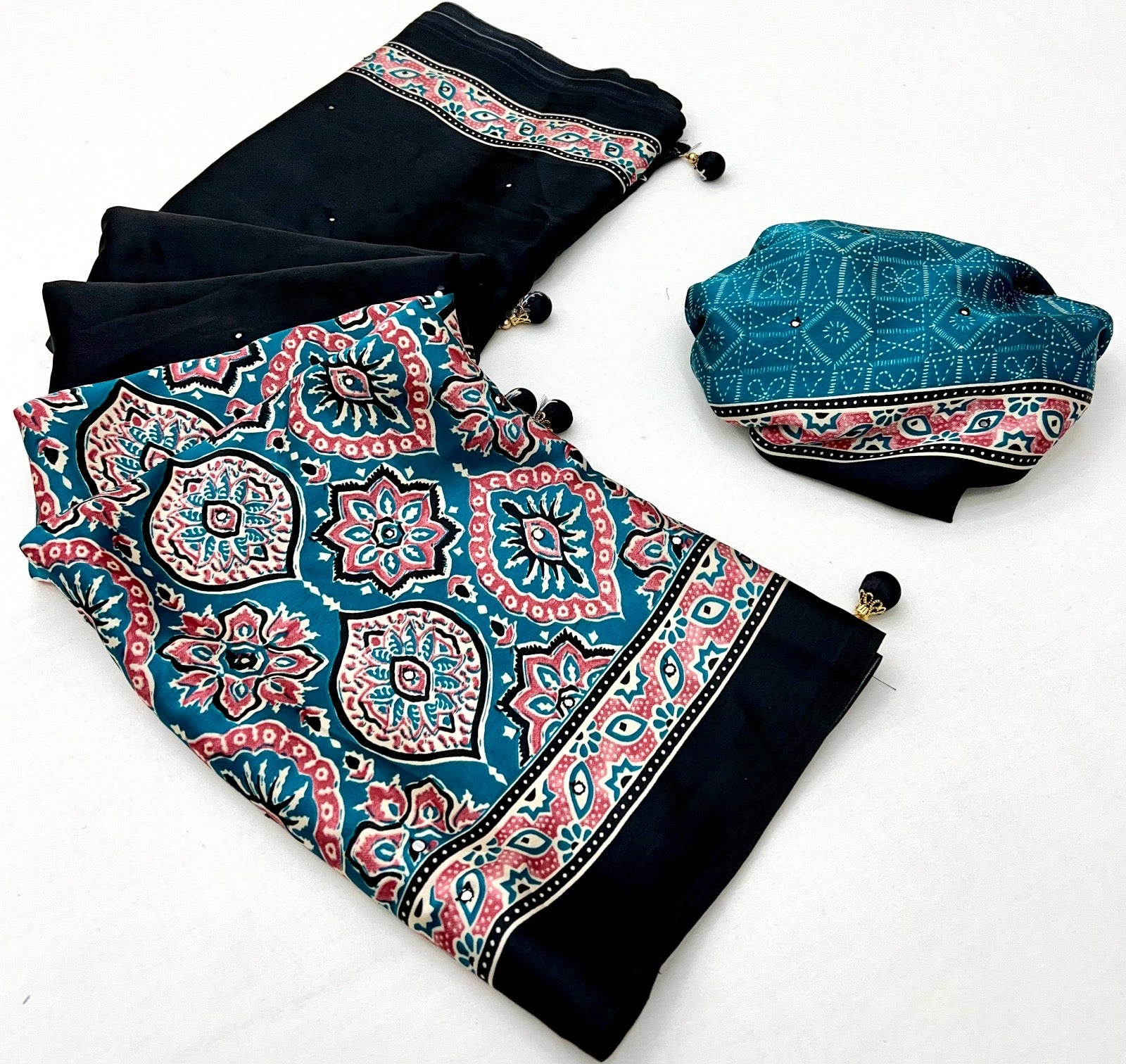 Black & Turquoise Crepe Silk Ready To Wear/Easy Saree - Panaash Saree