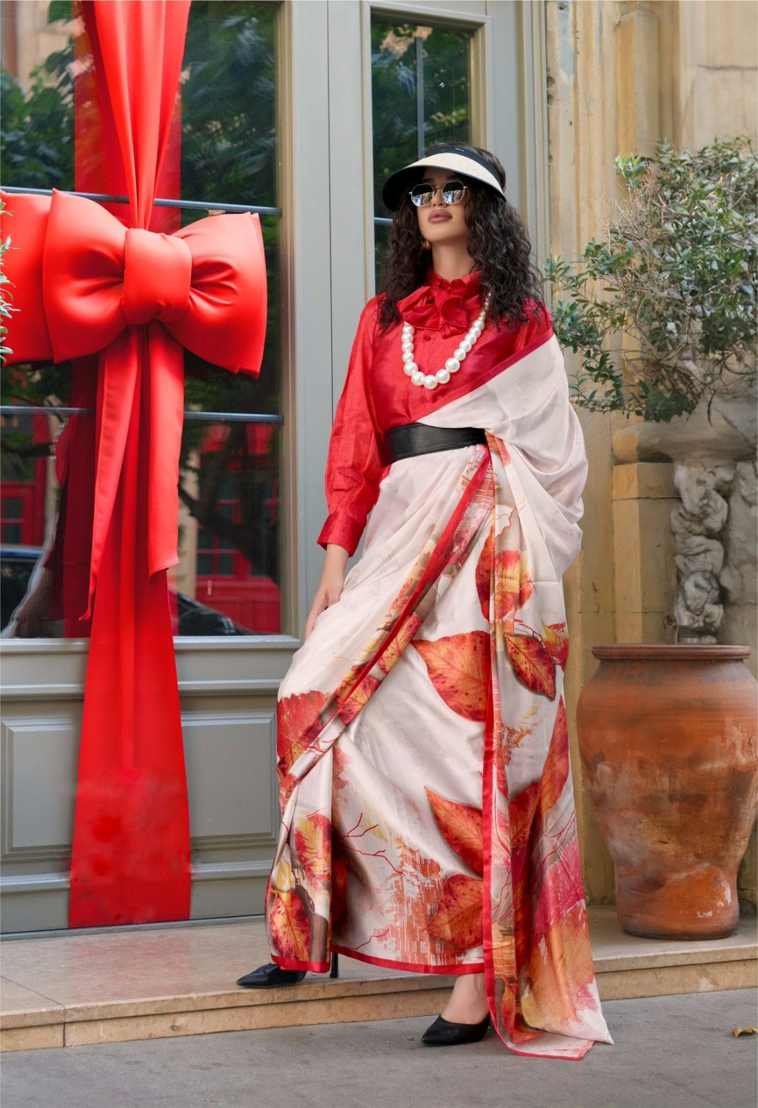 Off-White & Red Crepe Silk Readymade/Easy Saree - Panaash Saree
