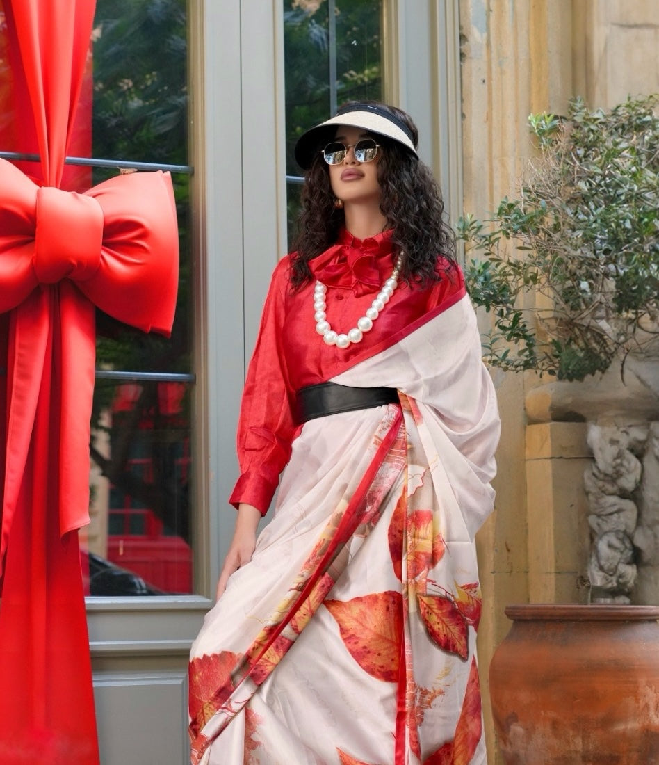 Off-White & Red Crepe Silk Readymade/Easy Saree - Panaash Saree