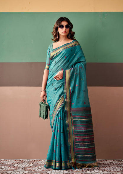 Ready-to-wear teal saree with small printed motifs and striped multicolor border