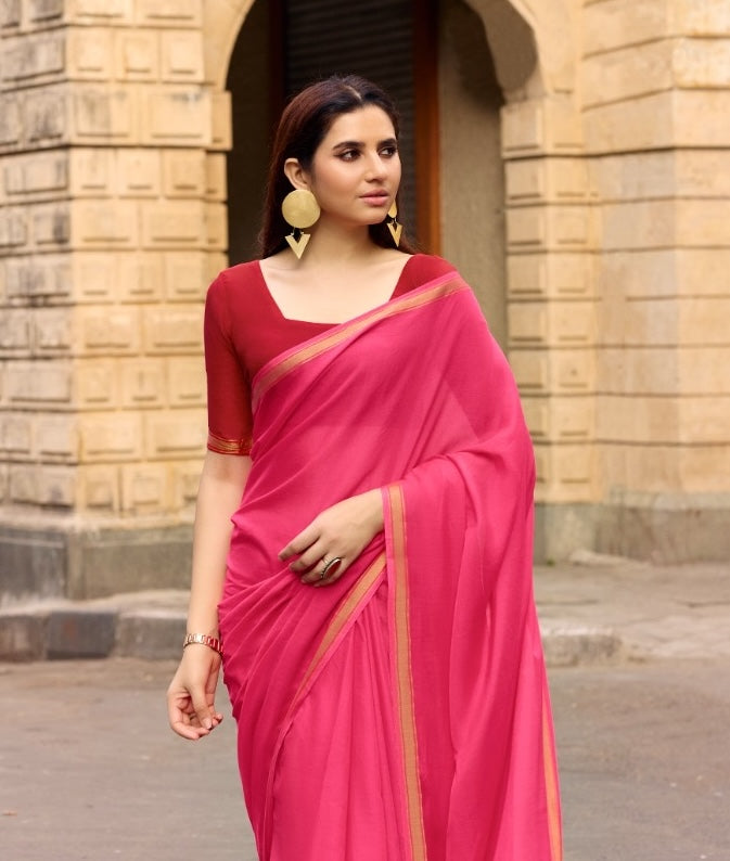Pink Mul Cotton Ready To Wear/Easy Saree