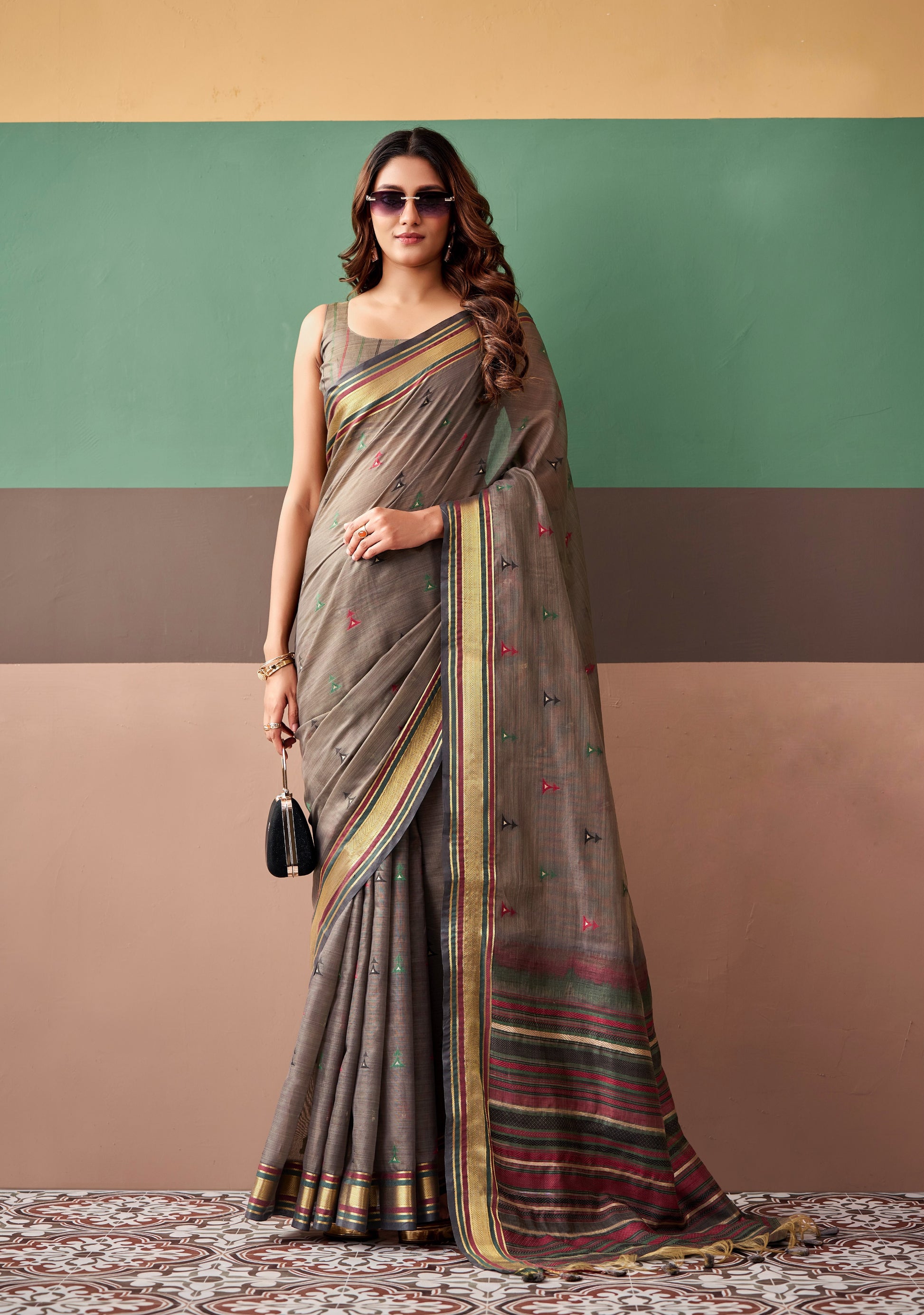 Taupe cotton easy saree, sleeveless drape with wide multicolor border and pattern