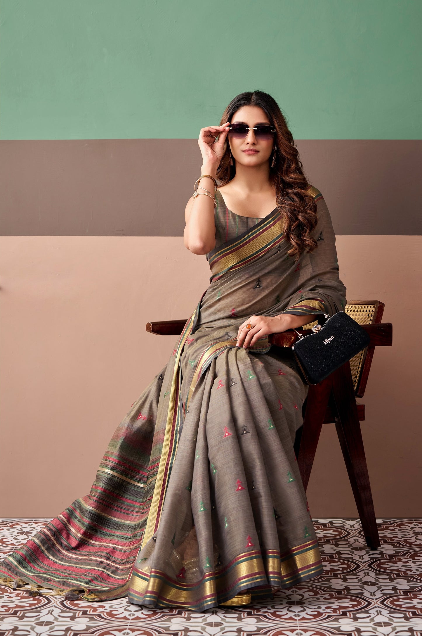 Taupe cotton easy saree with multicolor striped border and printed accents