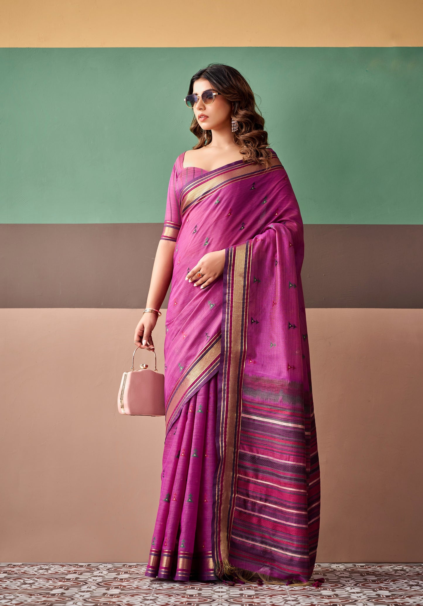 Magenta cotton easy saree with contrast striped border and pallu, short-sleeve blouse