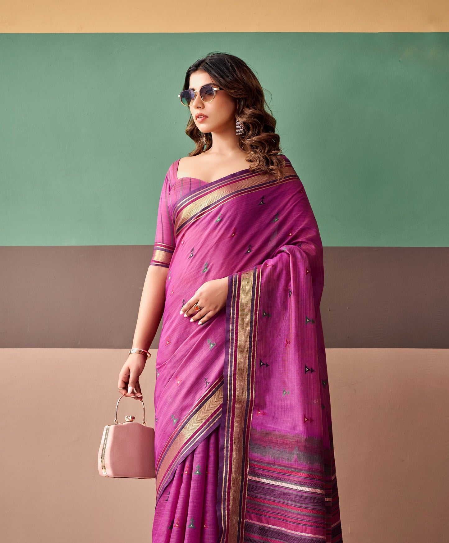 Magenta cotton easy saree with striped border and draped pallu, short-sleeve blouse