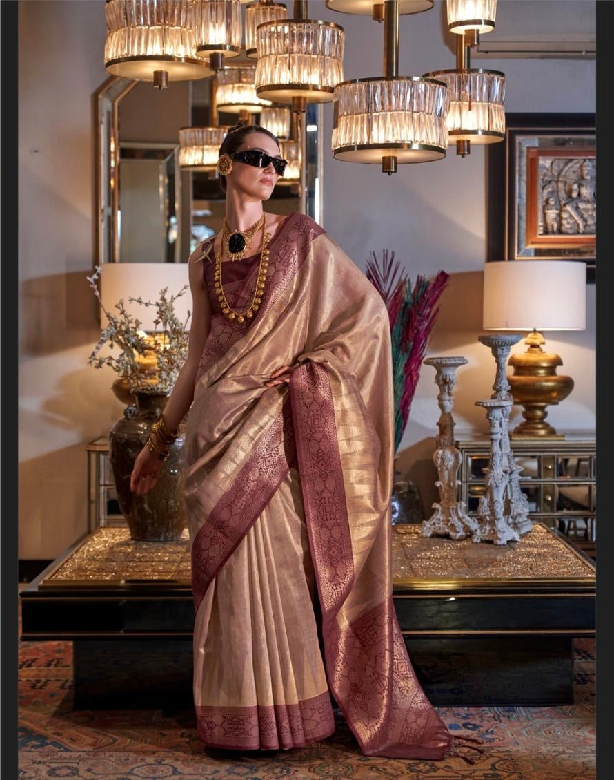 Brown Color Zari Woven Tissue Silk Readymade/Easy Saree