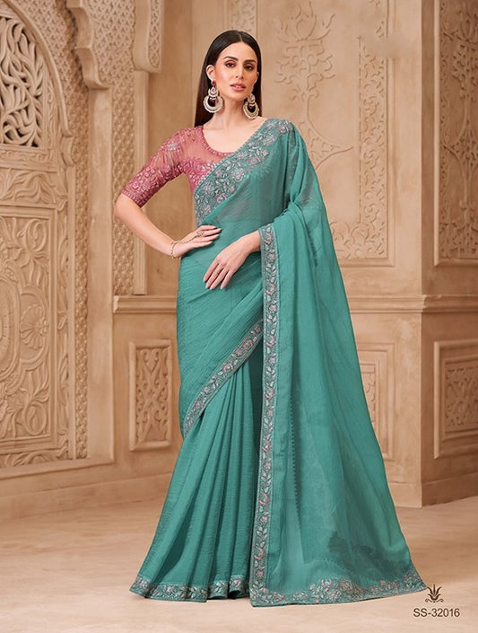 Sea Green Cocktail Party Wear Readymade Saree