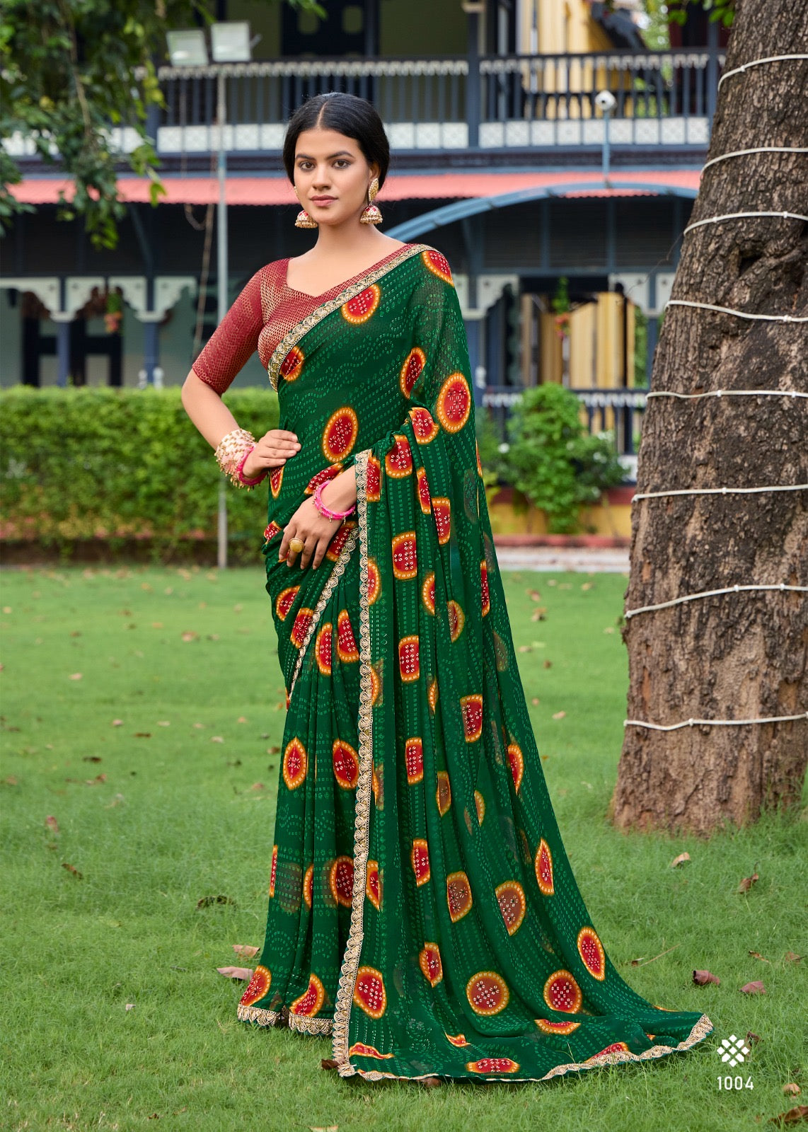 Bottle Green Georgette Readymade/Easy Saree