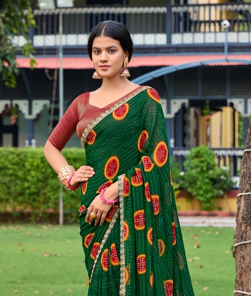 Bottle Green Georgette Readymade/Easy Saree