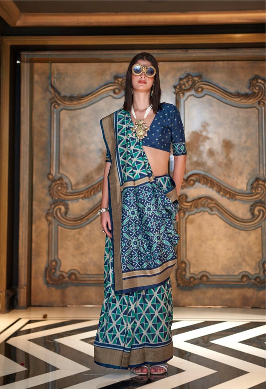 Turquoise Ikkat Silk Readymade/Easy Saree