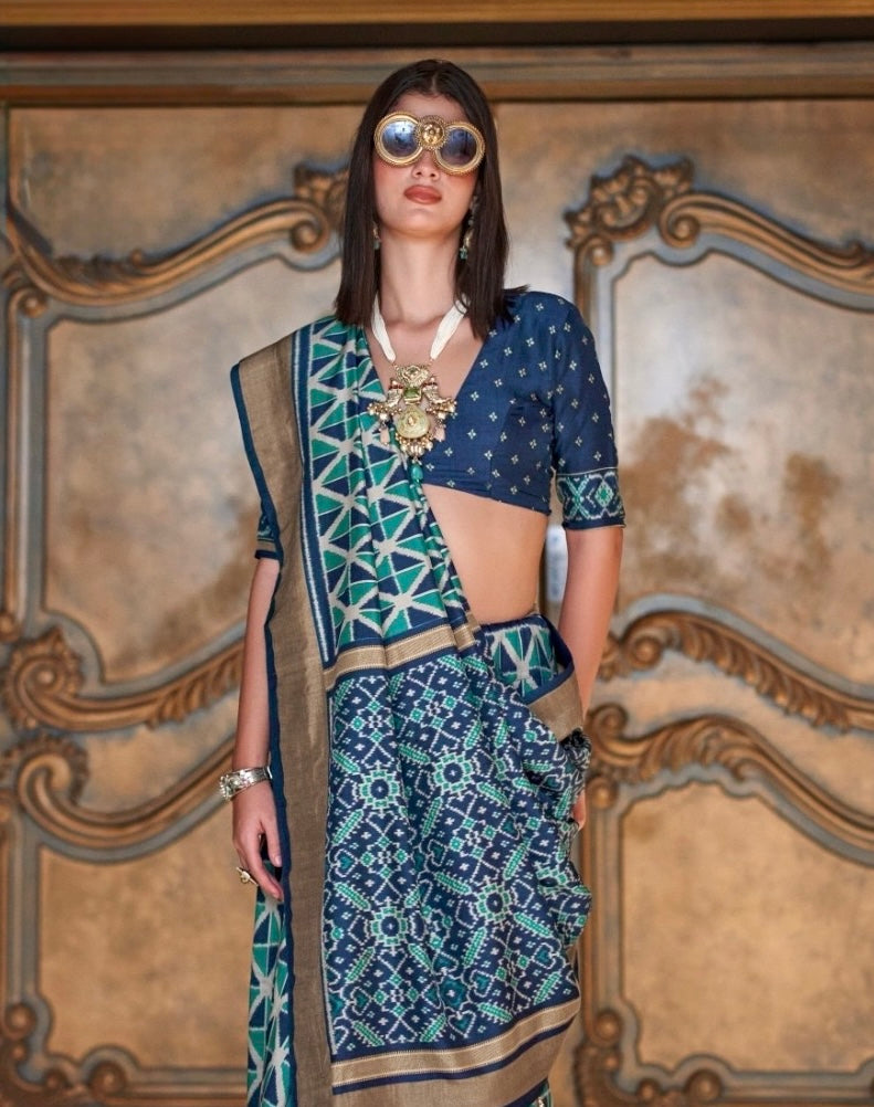 Turquoise Ikkat Silk Readymade/Easy Saree