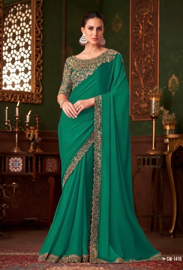 Green Cocktail Party Wear Readymade Saree
