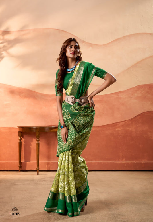 Green Color Silk Cotton Readymade/Easy Saree