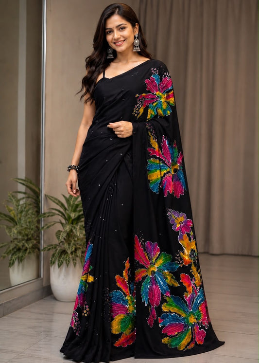 Black crepe silk ready-to-wear saree with colorful floral and butterfly embroidery on the pallu