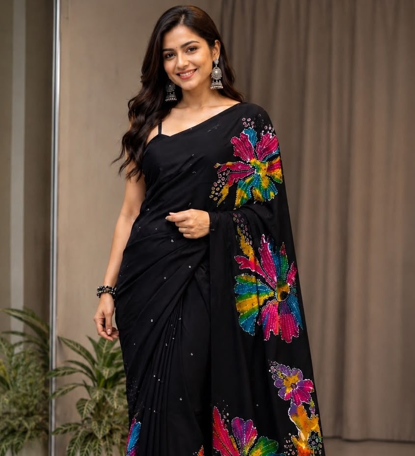 Black one-shoulder easy saree with multicolor floral butterfly embroidery and beaded details