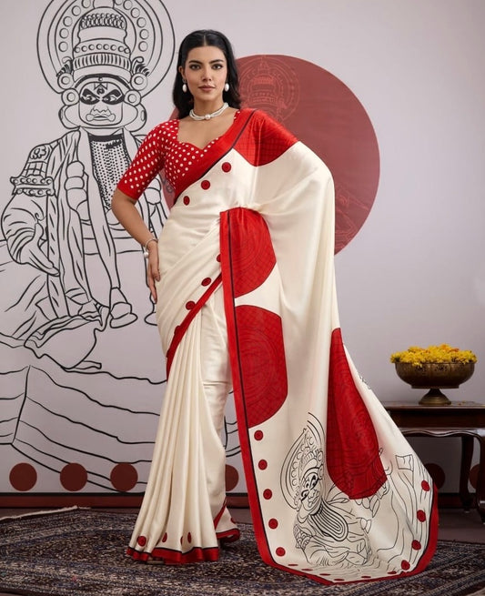 Red and White Crepe Silk Readymade/Easy Saree