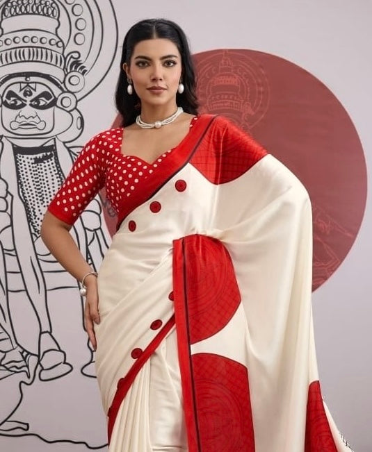 Red and White Crepe Silk Readymade/Easy Saree