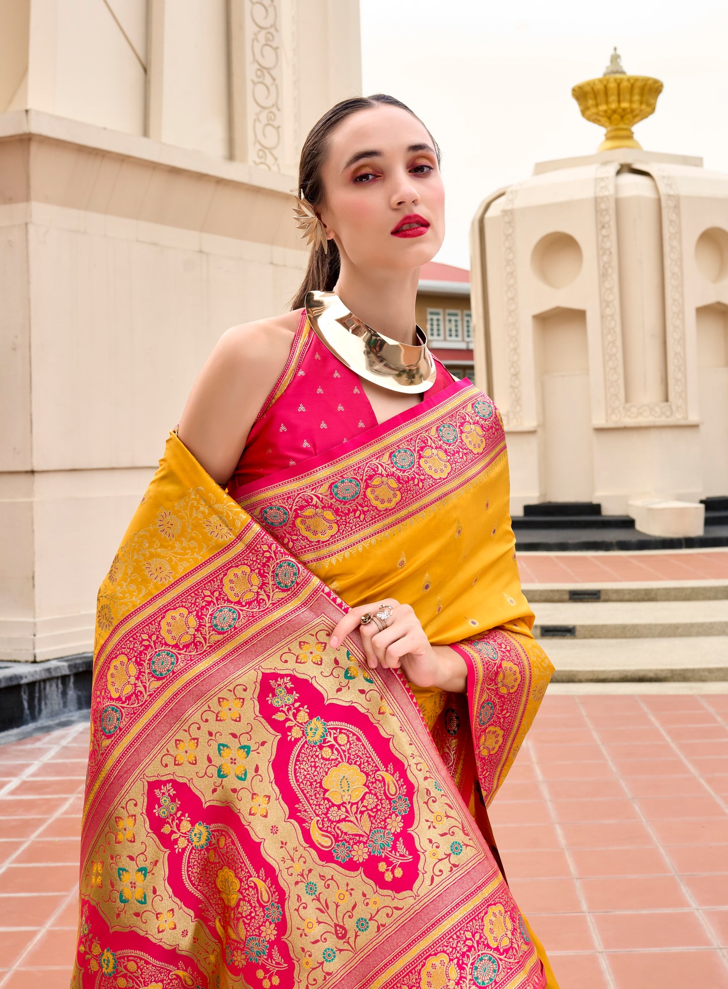 Mustard Yellow Banarasi Silk Readymade/Easy Saree