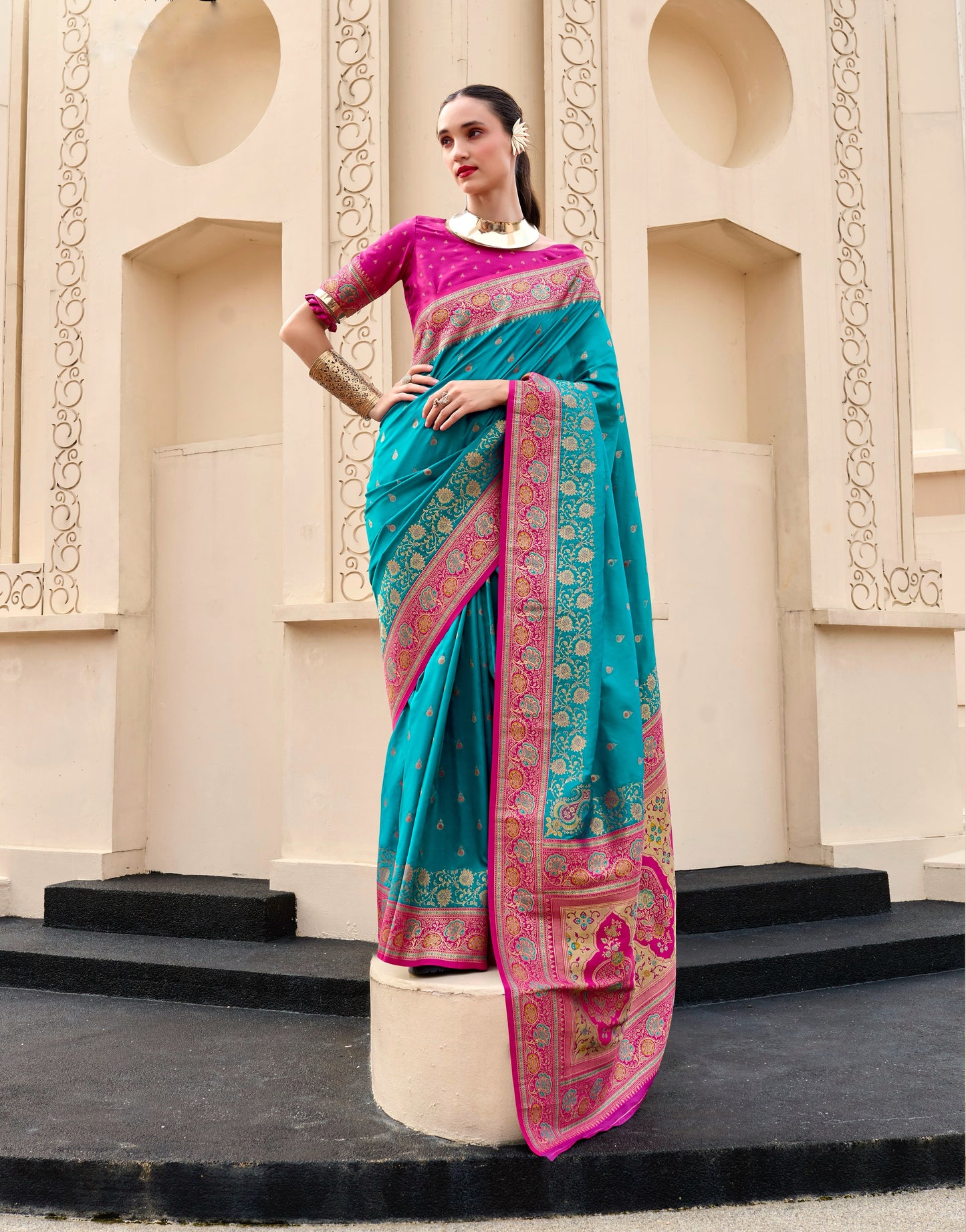 Teal blue Banarasi Silk Readymade/Easy Saree