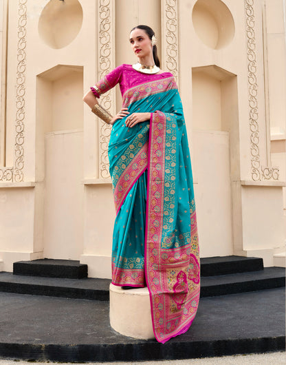 Teal blue Banarasi Silk Readymade/Easy Saree